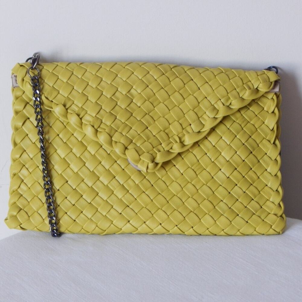 Falor Firenze Leather Hand Woven Flap Chain Crossbody Clutch Lime Bag Italy NWT